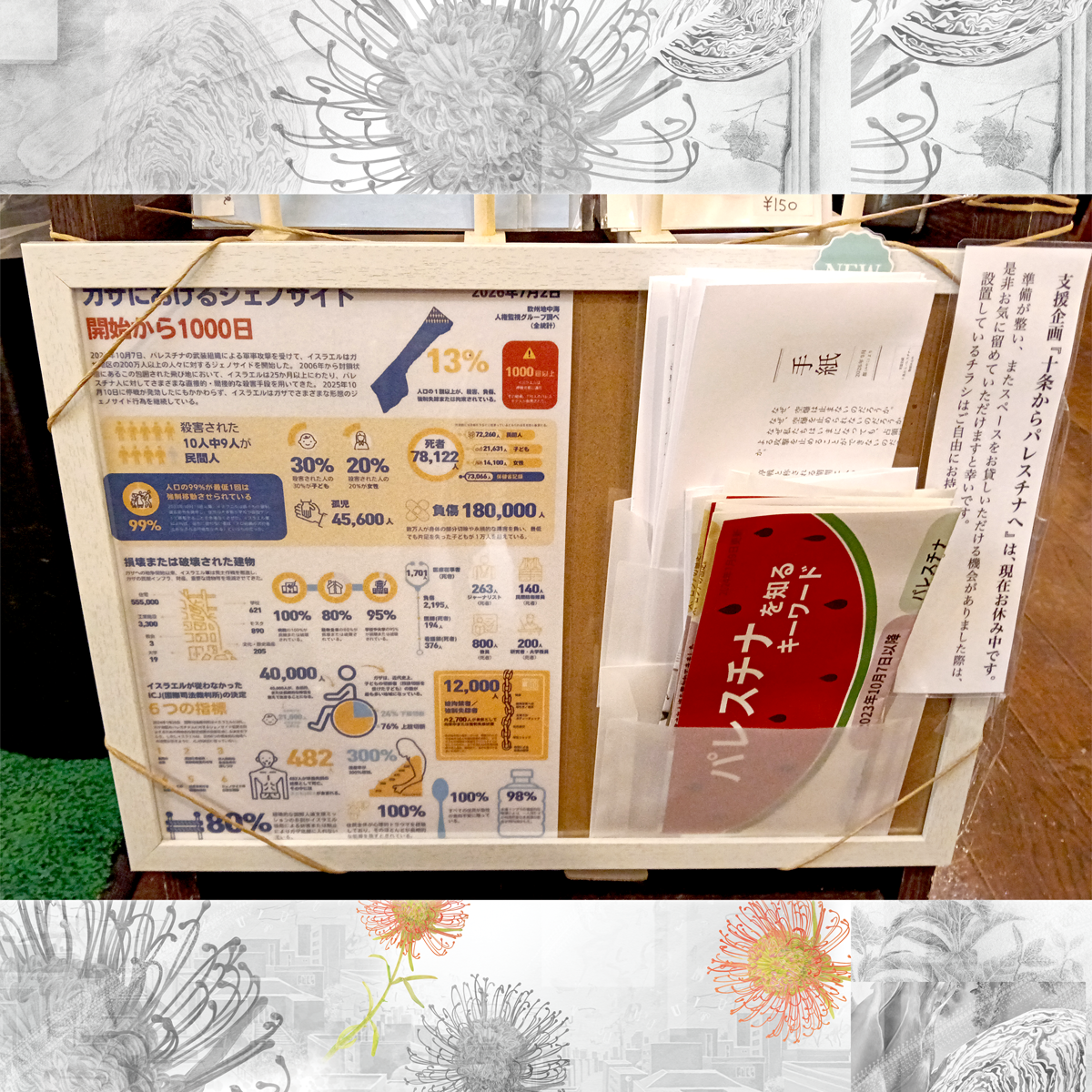 梅の木十条店さんのレジ横棚の最下段に設置させていただいたフレームの左側に、ユウロメット人権モニター(欧州地中海人言監視機関)が統計し公表たガザの被害状況をTwitter/Xアカウント T.Katsumiさんが翻訳された内容の画像を出力し添付し、右側に持ち帰り自由のチラシと企画者 都(みやこ)からの手紙を設置した様子を撮影した画像です。